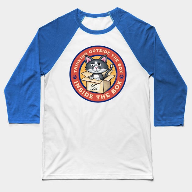 Cute Funny Cat Thinking Outside the Box Baseball T-Shirt by Danny Gordon Art